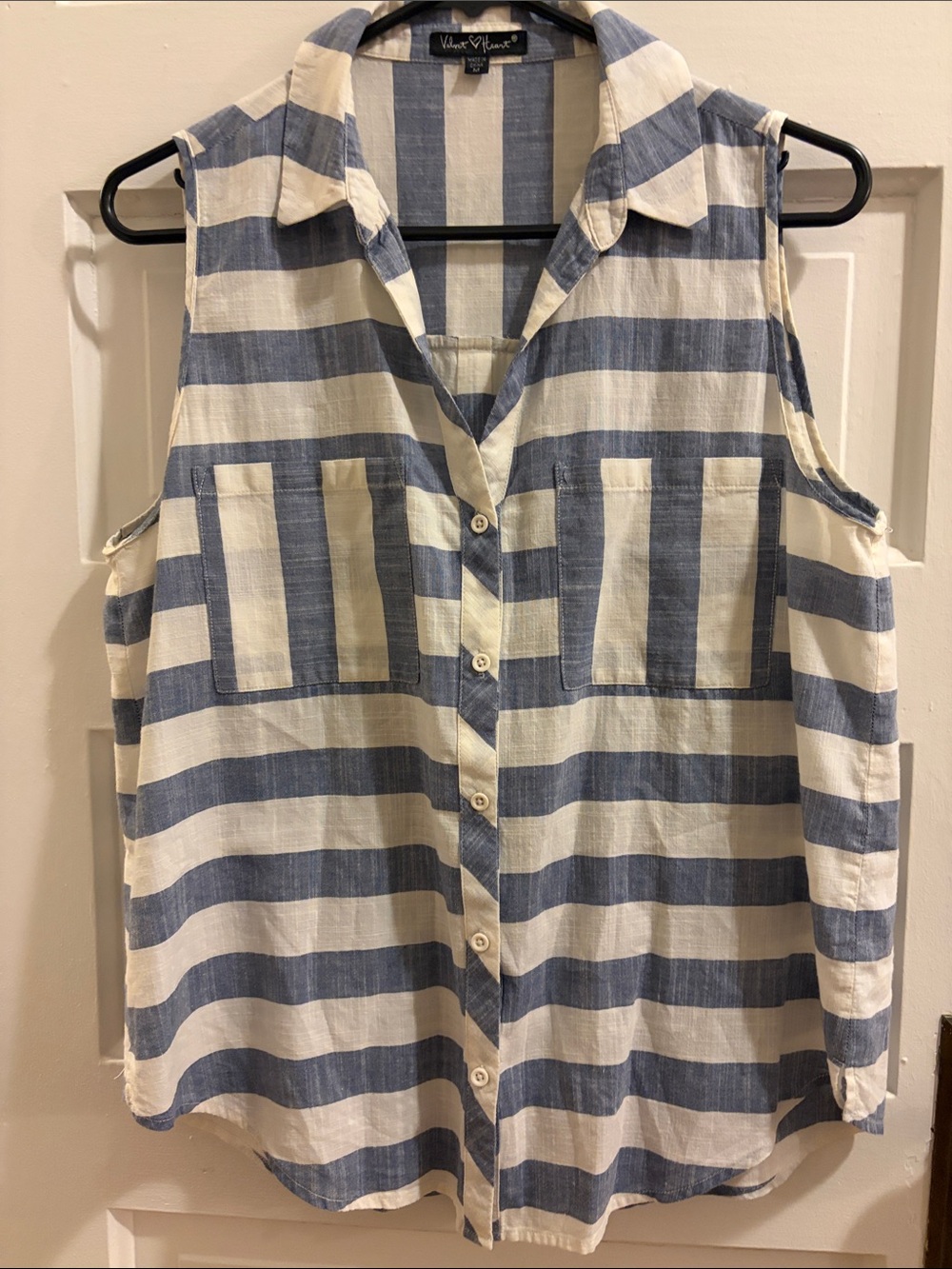 Velvet Heart Blue and Cream Striped Sleeveless Button-Down Shirt